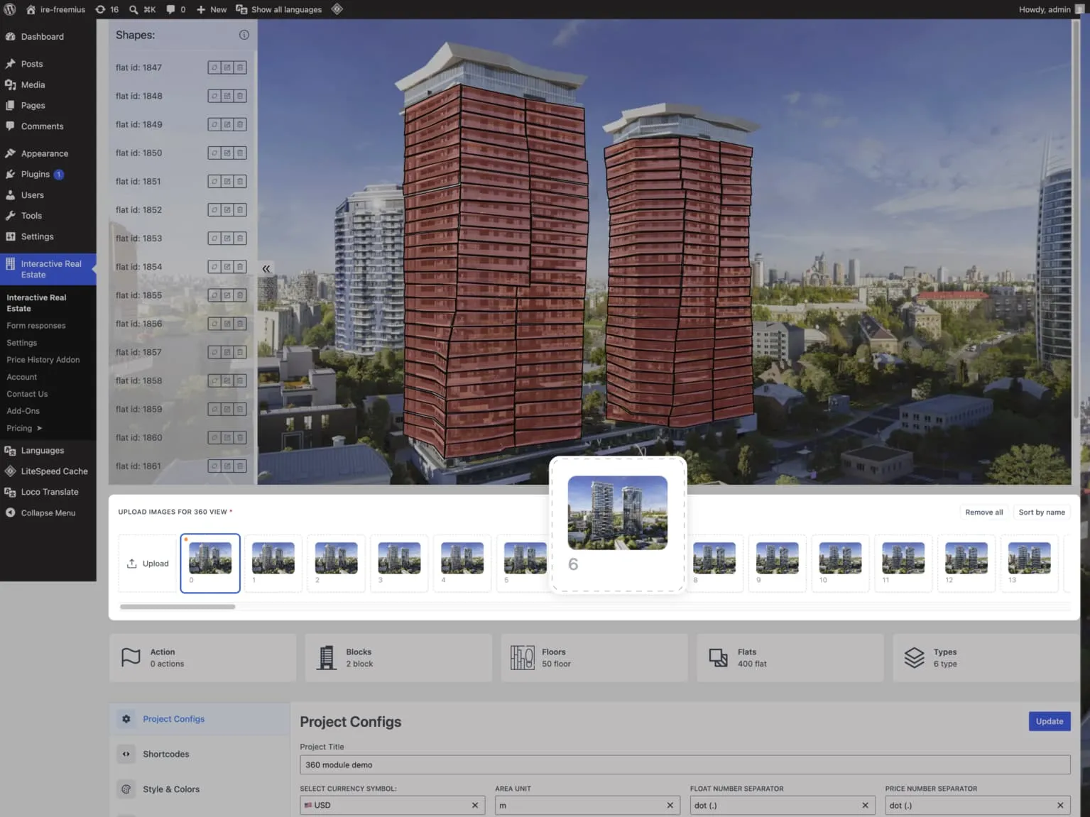 360° condo tower viewer with clickable floors and a strip of rotation frames